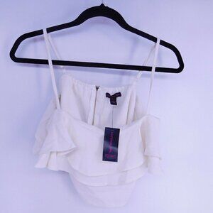 Material Girl Women's Crop Top Size L Large Cream Zipper Ruffles Halter